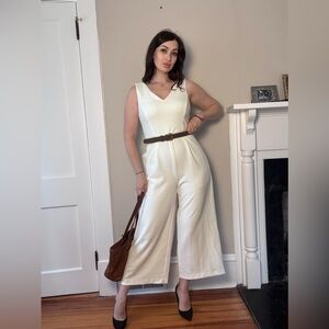 Calvin Klein Cream Wide Leg Jumpsuit Sleeveless Minimalist Belted Size 8